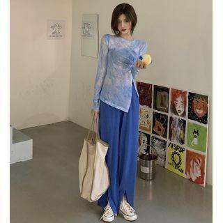 Asymmetrical Tie-dyed Sheer Light T-shirt / Slit-front Wide-leg Pants