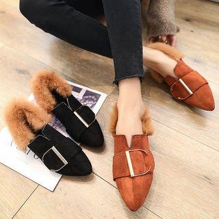 Faux Suede Buckled Fluffy Trim Pointed Flats