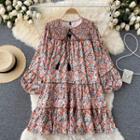 Round-neck Lace-up Strap Floral Puff-sleeve Dress Tangerine - One Size