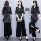 Set: Bell-sleeve Print Blouse + Wide Leg Pants