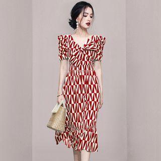 Short-sleeve Geometric Print Midi Mermaid Dress
