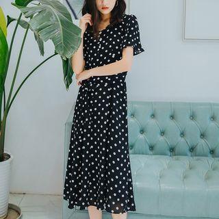 Dotted Short-sleeve Chiffon Midi Dress