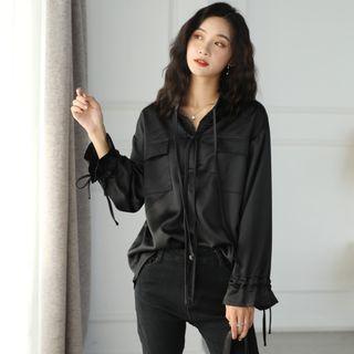 Plain Long-sleeve Strappy Blouse