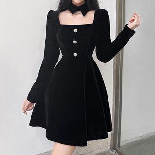 Plain Velvet Square Neck Long Sleeve A-line Mini Dress