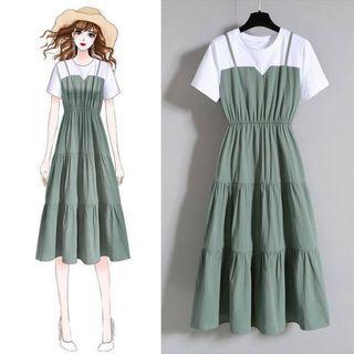 Mock Two-piece Short-sleeve Round Neck A-line Midi Dress