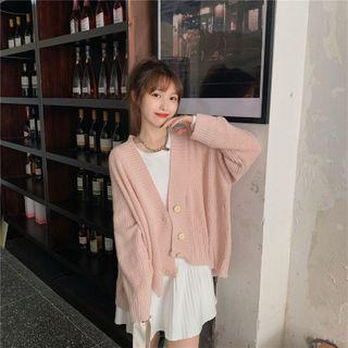 Crew-neck Long-sleeve Knit Mini A-line Dress / Irregular Hem Cardigan