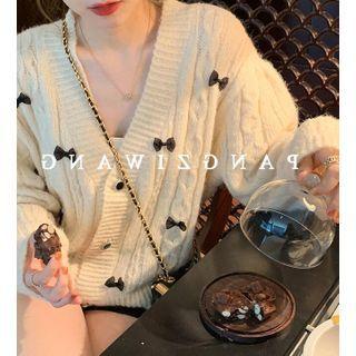 Bow Cable Knit V-neck Cardigan