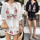 Set: Embroidered Elbow-sleeve Top + Shorts