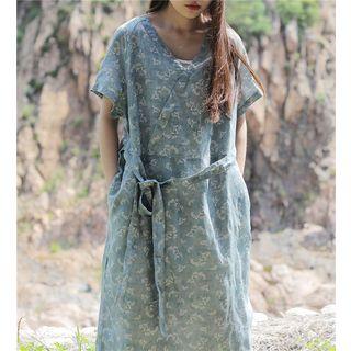 Short-sleeve Printed Midi Wrap Dress Pattern - Grayish Blue - One Size