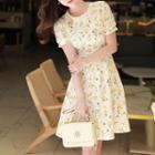 Puff-sleeve Tie-waist Floral Dress Yellow - One Size