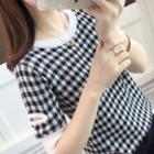 Elbow-sleeve Perforated Gingham Knit Top