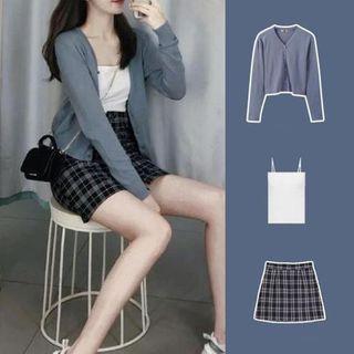 Set: Cardigan + Camisole Top + Plaid Mini A-line Skirt