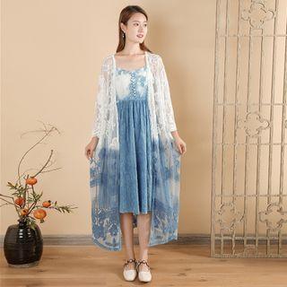 Indigo Dyed Long Lace Jacket Blue & White - One Size