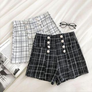 Double-breasted Plaid High-waist Woolen Shorts