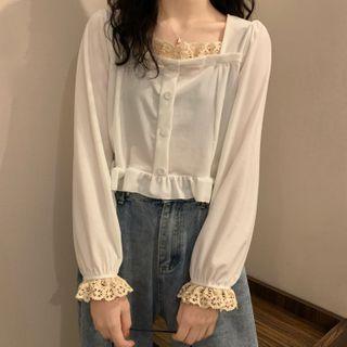 Eyelet Trim Bell-sleeve Velvet Blouse