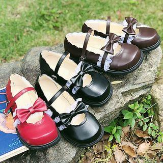 Lace Trim Bow-accent Faux Leather Mary Jane Flats