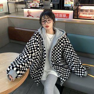 Checker Print Hooded Zip Jacket