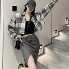 Plaid Crop Shirt / Cropped Camisole Top / Side-slit Pencil Skirt