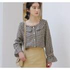Collared Bell-sleeve Gingham Blouse