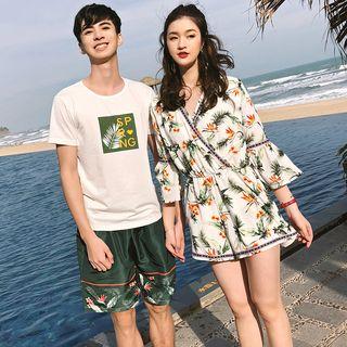 Couple Matching Printed V-neck Playsuit / Printed Short-sleeve T-shirt / Shorts