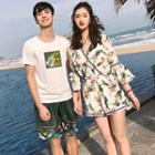 Couple Matching Printed V-neck Playsuit / Printed Short-sleeve T-shirt / Shorts