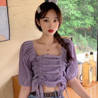 Balloon-sleeve Shirred Drawstring Blouse