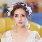 Set: Wedding Branches Headpiece + Fringed Earring Set Of 3 - Headpiece & 1 Pair - Clip On Earring - White & Gold - One Size
