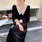 V-neck Velvet Lace Trim Dress Black - One Size