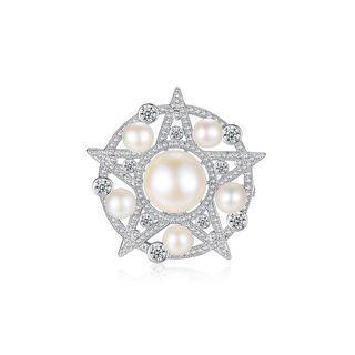 Simple And Elegant Geometric Round Star Imitation Pearl Brooch With Cubic Zirconia Silver - One Size