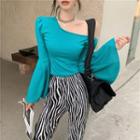 One-shoulder Bell-sleeve T-shirt Aqua Blue - One Size