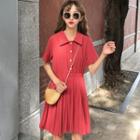 Short-sleeve A-line Mini Pleated Dress Tangerine Red - One Size