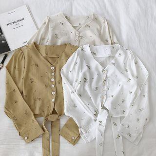 Flower Print Long-sleeve Crop Top