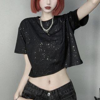 Short-sleeve Sequined Cropped T-shirt Black - One Size