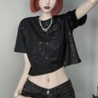 Short-sleeve Sequined Cropped T-shirt Black - One Size
