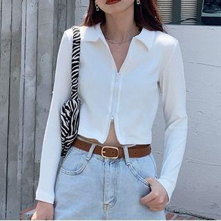 Long-sleeve Collared Zip-up Crop Top White - One Size