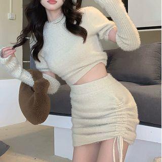 Set: Short-sleeve Fluffy Knit Top + Drawstring Mini Pencil Skirt + Arm Sleeves Set - Beige - One Size
