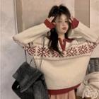 Long Sleeve V Neck Snowflake Sweater Almond - One Size