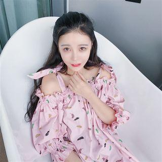 Printed Off-shoulder 3/4-sleeve A-line Dress