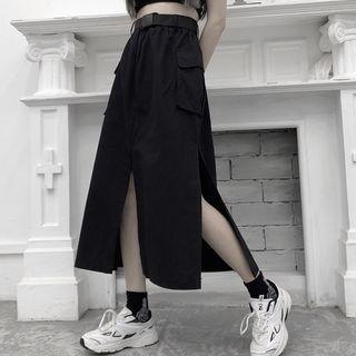 Slit Midi A-line Cargo Skirt Black - One Size