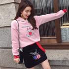 Set: Rabbit Ear Printed Hoodie + Embroidered Mini Skirt