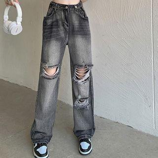 High-waist Plain Distressed Straight Leg Jeans