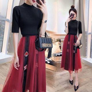 Set: Short-sleeve Knit Top + Embellished Midi Mesh Skirt