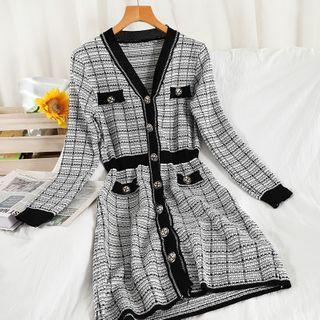 Long-sleeve Plaid Mini Sheath Dress Black - One Size
