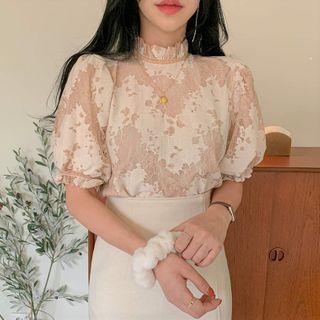 Mock Turtleneck Lace Puff-sleeve Blouse