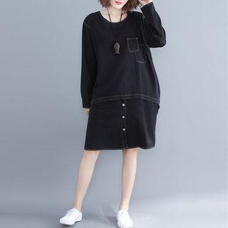 Pocketed Long-sleeve Dress Black - One Size
