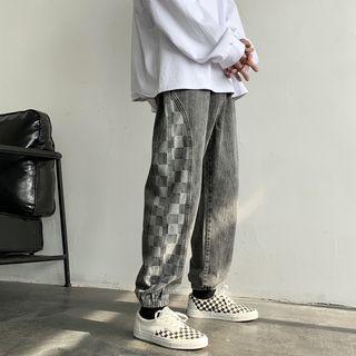 Mid Rise Checker Print Straight Leg Jeans