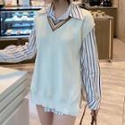 Plain Knit Vest / Long-sleeve Stripe Shirt