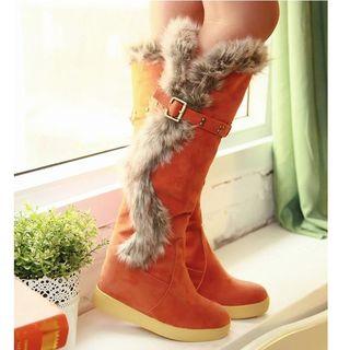 Faux Fur Accent Studded Belt Hidden Wedge Tall Boots