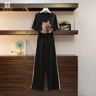 Set: Short-sleeve Rhinestone Pig T-shirt + Contrast Trim Wide-leg Pants