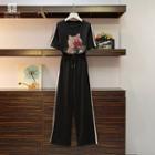 Set: Short-sleeve Rhinestone Pig T-shirt + Contrast Trim Wide-leg Pants